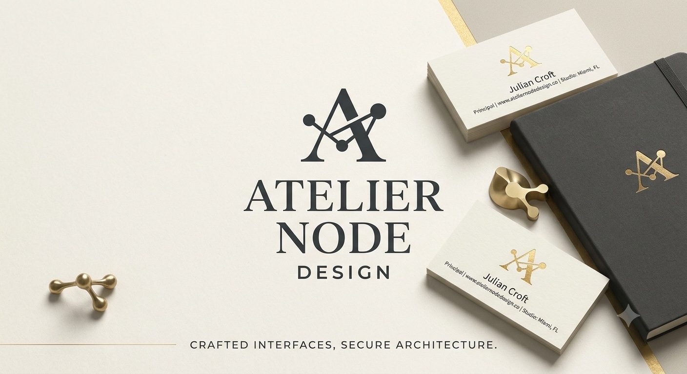 Editorial brand identity flat lay with gold-foil stationery on bone paper
