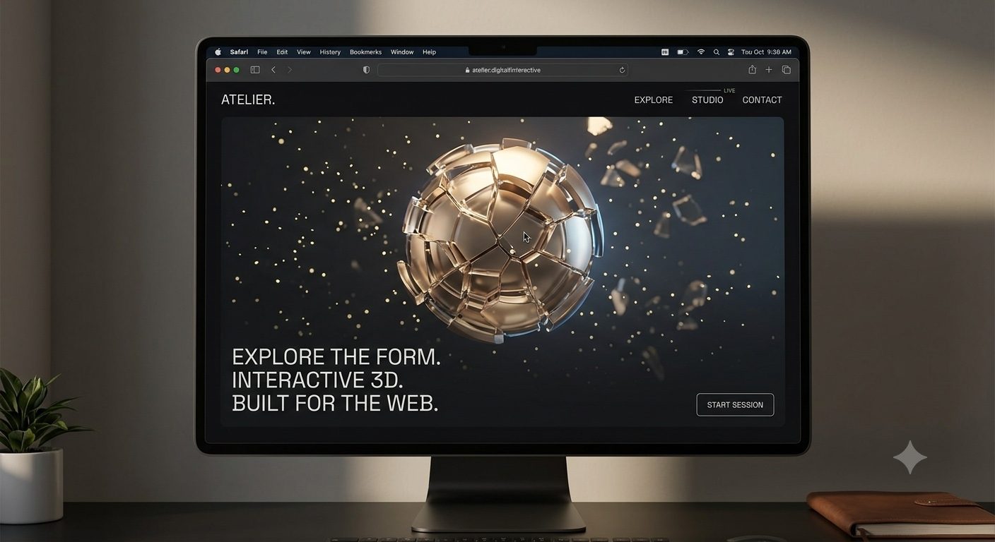 Studio monitor showing an interactive shattered gold glass sphere web experience