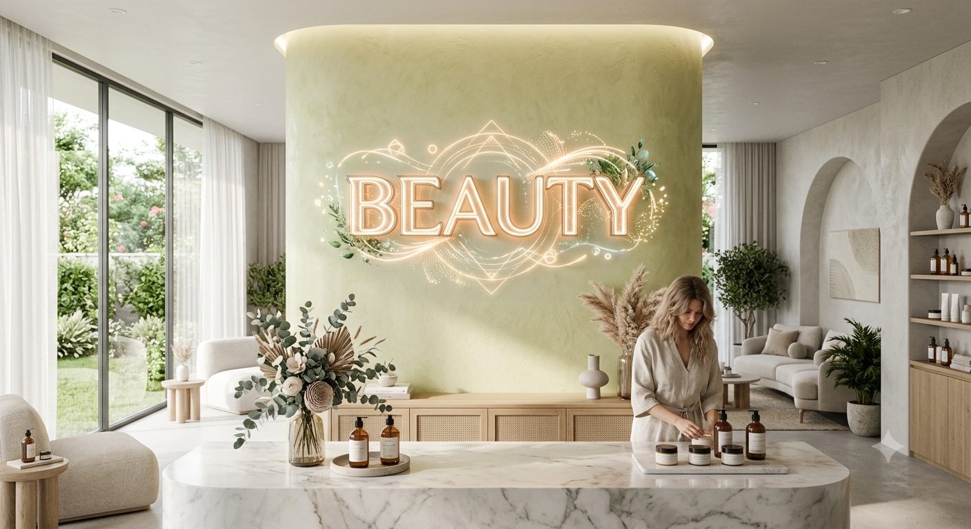 Warm minimalist beauty studio interior with marble counter and glowing signage