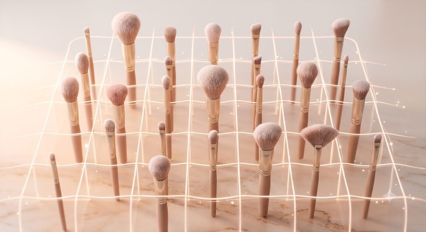 Makeup brushes standing on a glowing light grid over warm marble