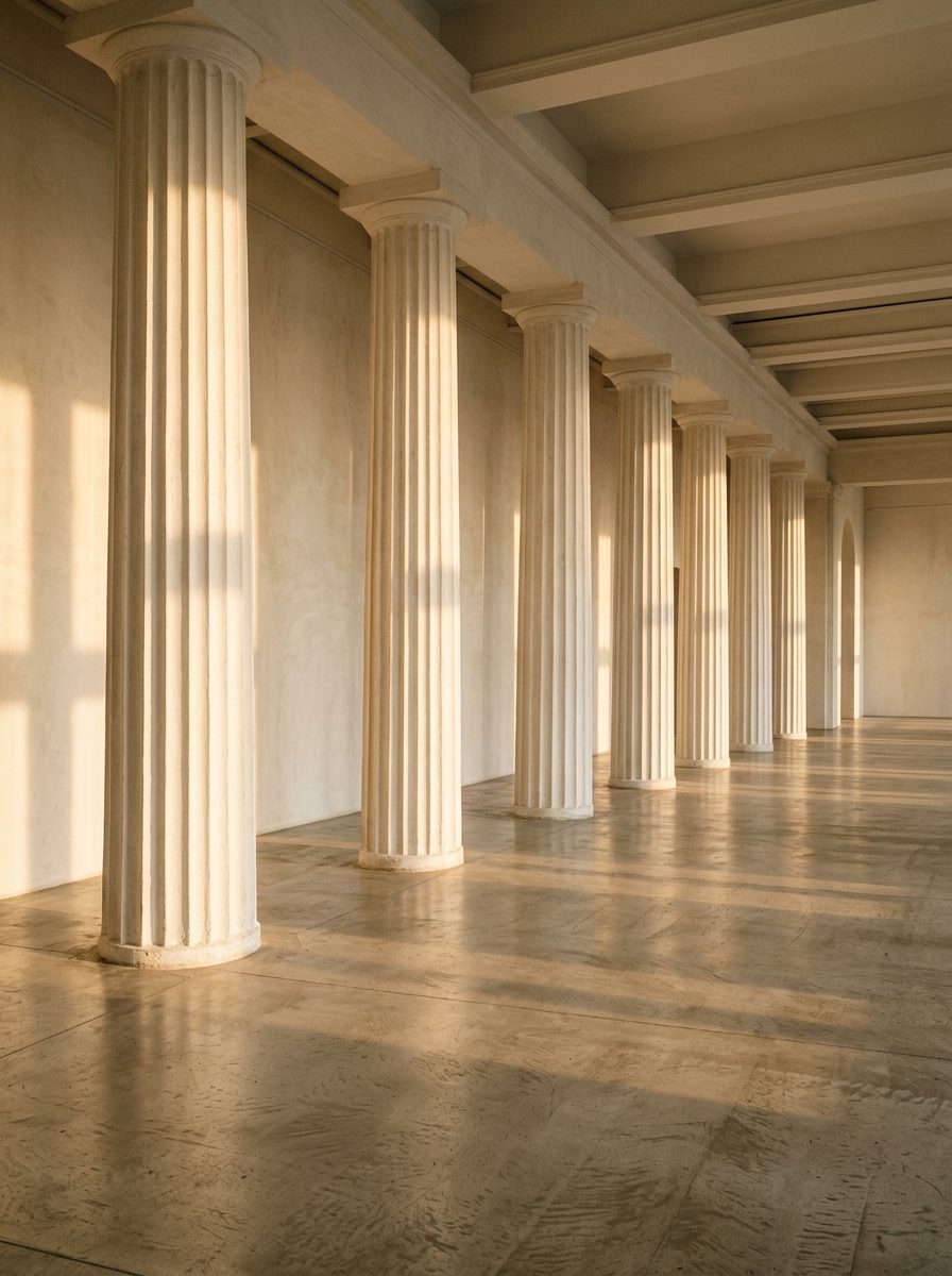 Warm light raking across bone-colored architectural columns