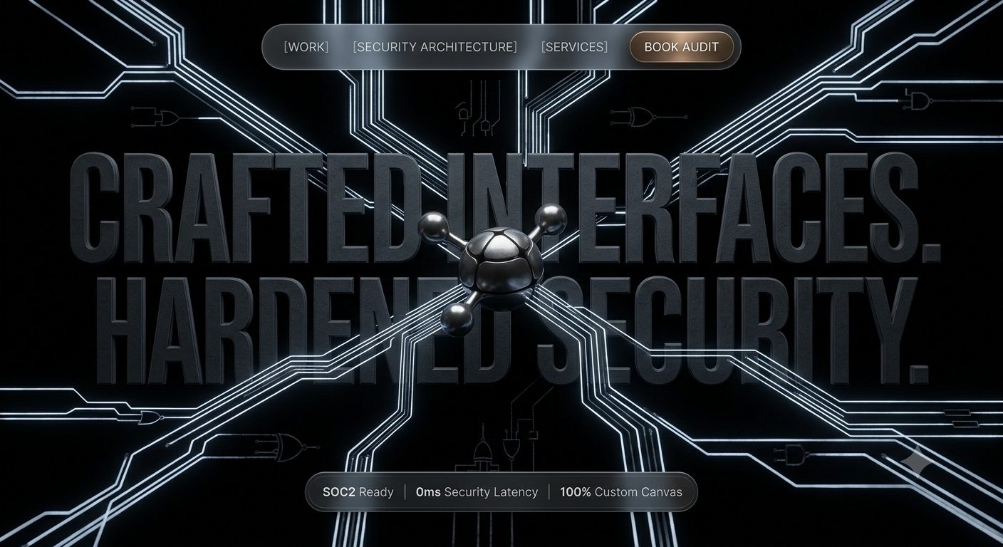 Chrome node connected to glowing circuit traces over the words crafted interfaces, hardened security