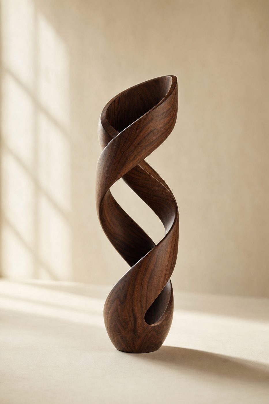 Sculptural twisted wooden object on a bone backdrop