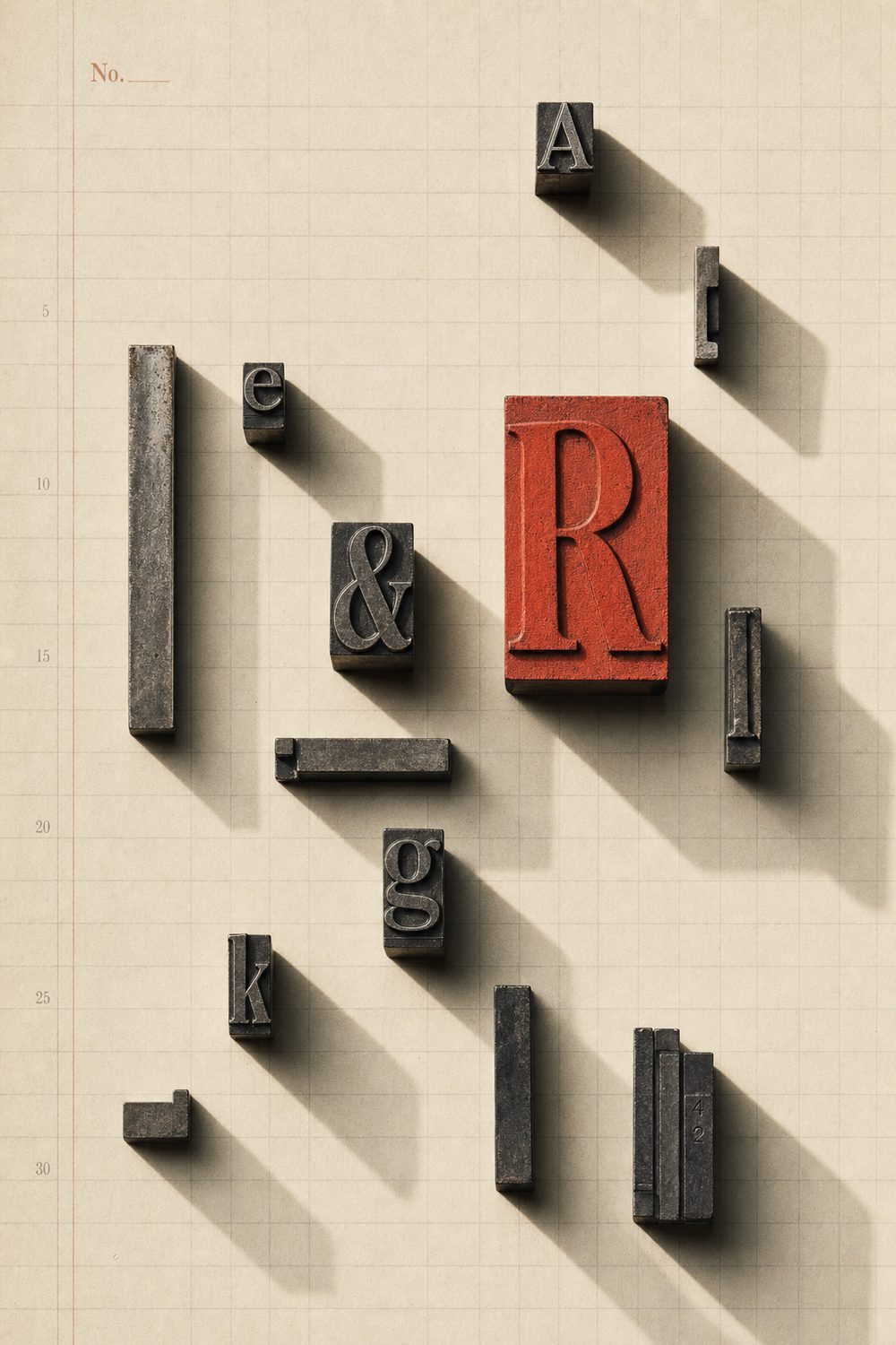Metal letterpress type with one red R block on grid paper