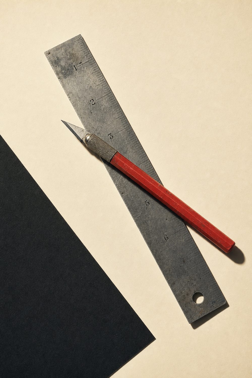 Steel ruler and red craft knife on cream and black card