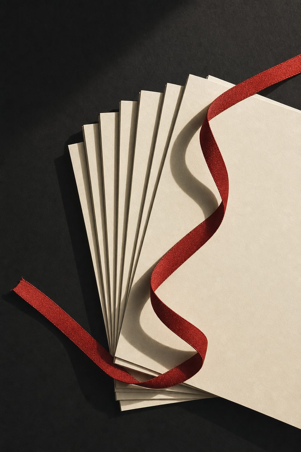 Fanned cream paper stack with a red ribbon