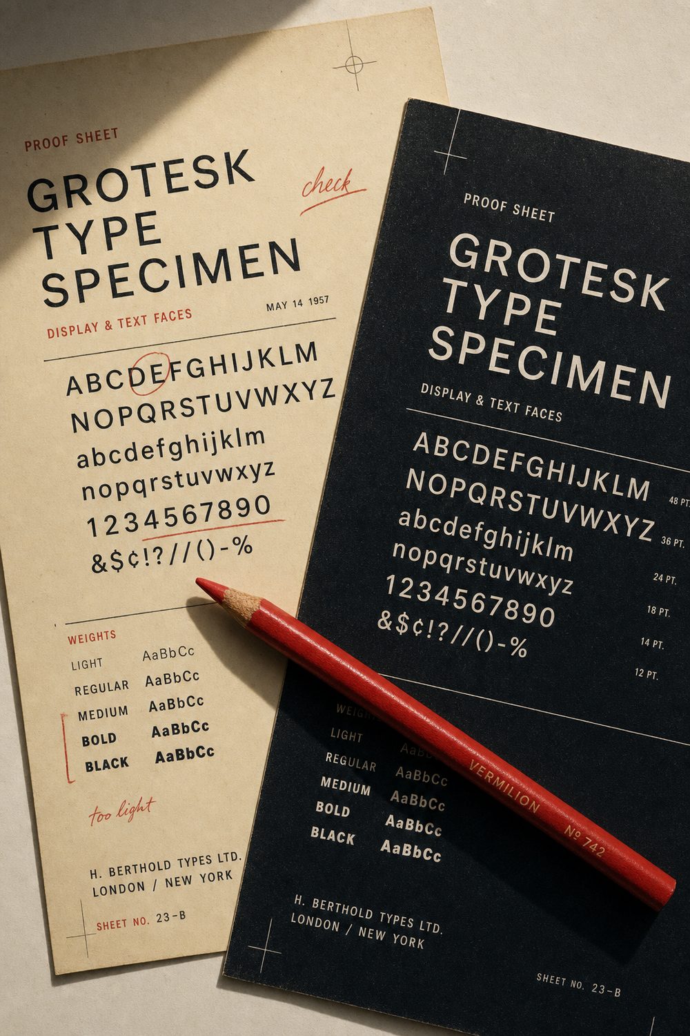 Grotesk type specimen proof sheets with a red grease pencil
